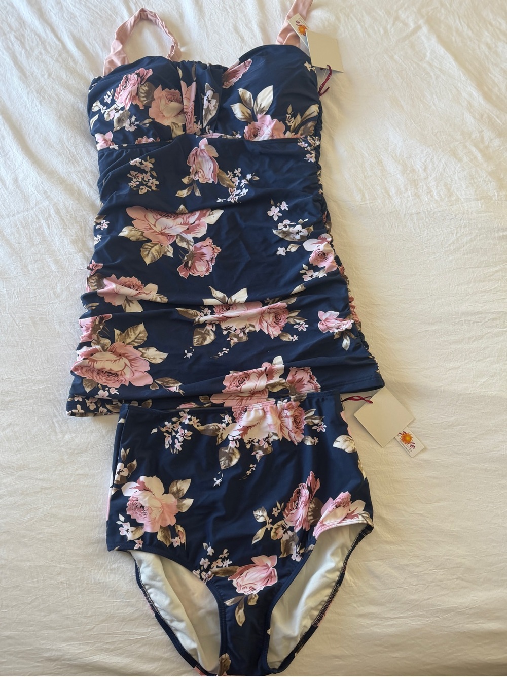Navy Floral Women’s Swimsuit with Pink Roses - NWT XL